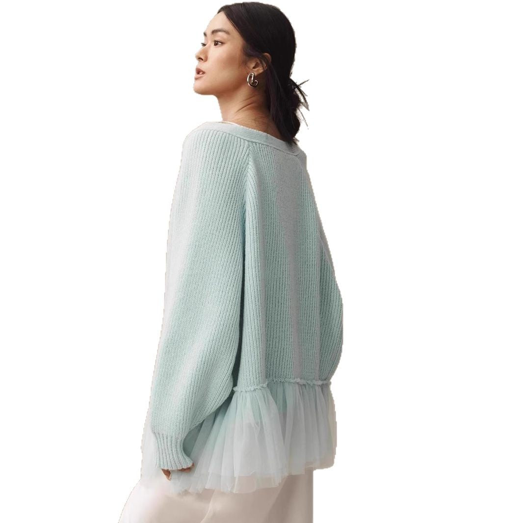 Women's Fashion Knit Sweater with Tulle Details