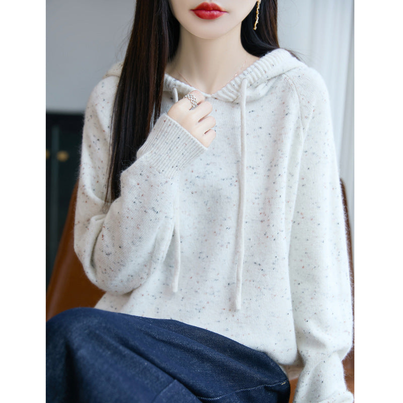 Women's Soft Fine Knit Hoodie with Nep Yarn and Ribbed Cuffs Mune Fashion