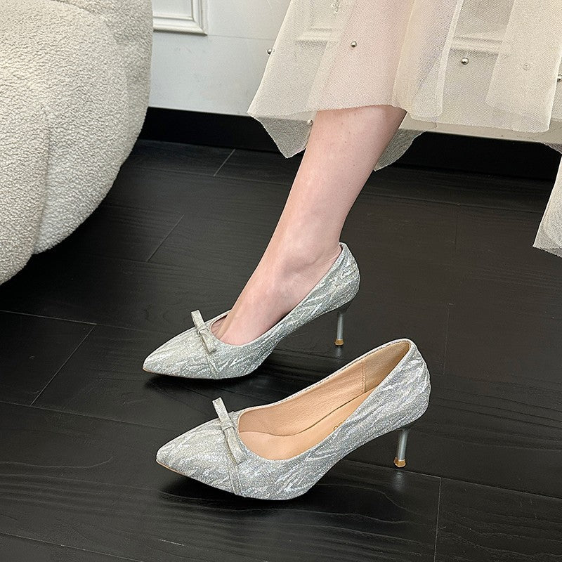 Women Shiny pointed toe stiletto pumps with decorative bow Mune Fashion