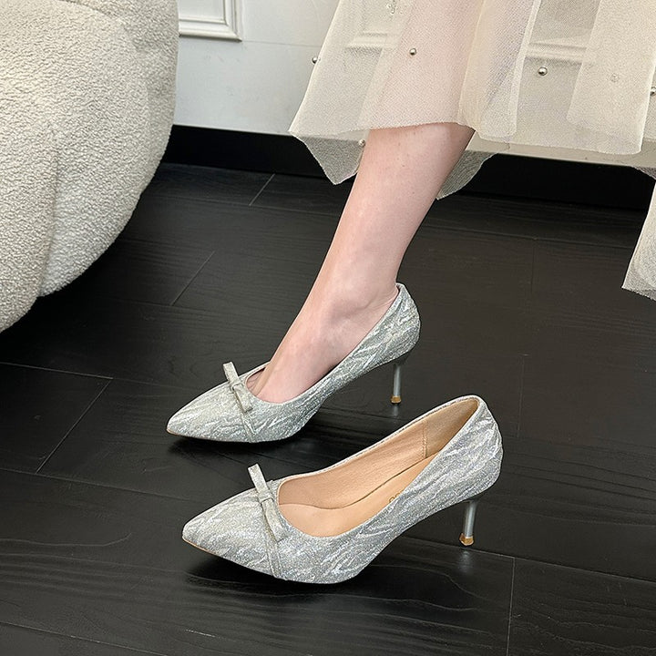 Women Shiny pointed toe stiletto pumps with decorative bow Mune Fashion