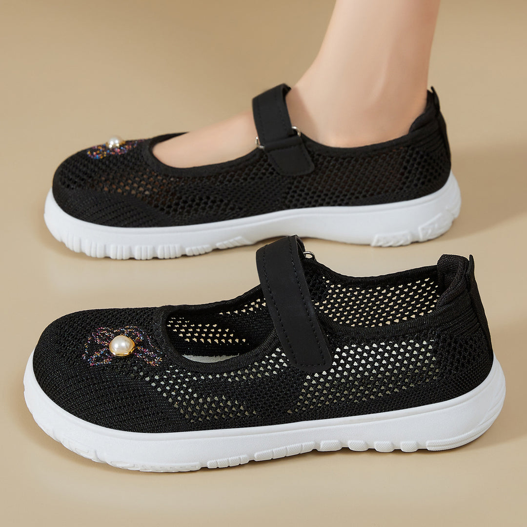 Women's knitted Mary Jane sneakers with Velcro strap, breathable knitted upper, decorative pearl appliqué, and cushioning EVA sole Mune Fashion