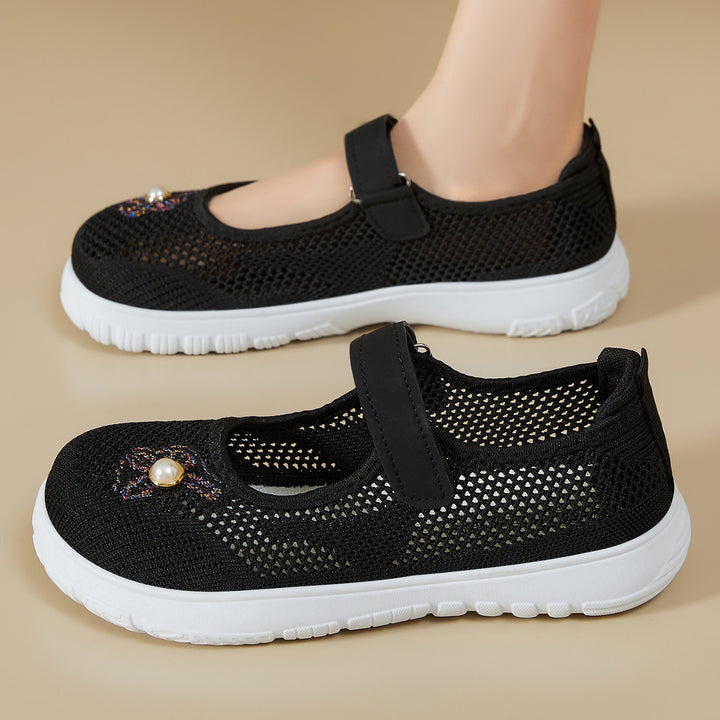 Women's knitted Mary Jane sneakers with Velcro strap, breathable knitted upper, decorative pearl appliqué, and cushioning EVA sole Mune Fashion