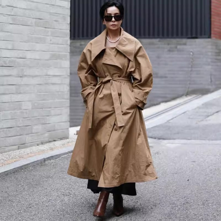 Women Voluminous Trench Coat in Oversize Look with Wide Waterfall Collar and Waist Tie Belt Mune Fashion