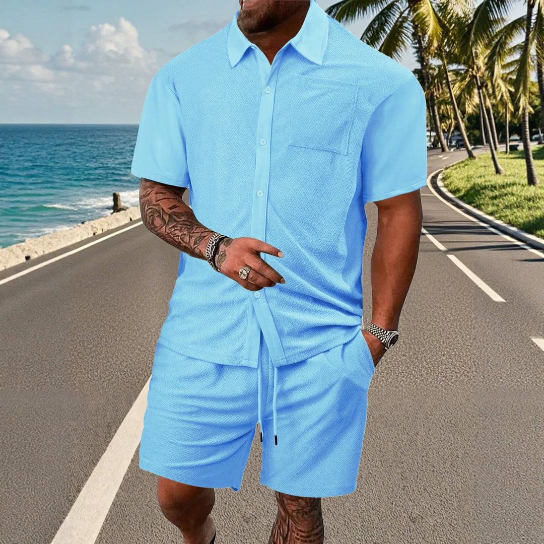 Men's buttoned leisure set with shirt collar herringbone structure chest pocket and drawstring shorts Mune Fashion