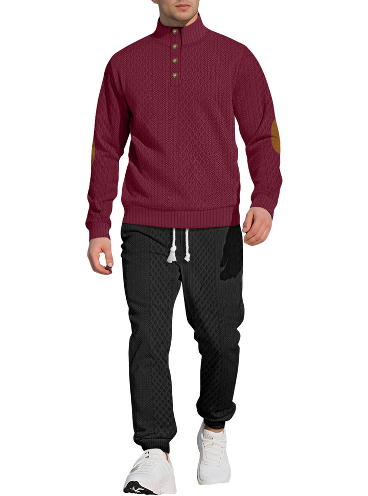 Men's patterned knit leisure set with half-button stand collar suede elbow patches and drawstring joggers Mune Fashion