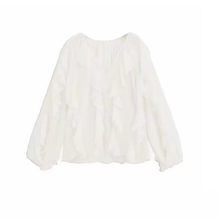 Women's feminine chiffon ruffle blouse with balloon sleeves and V-neck Mune Fashion