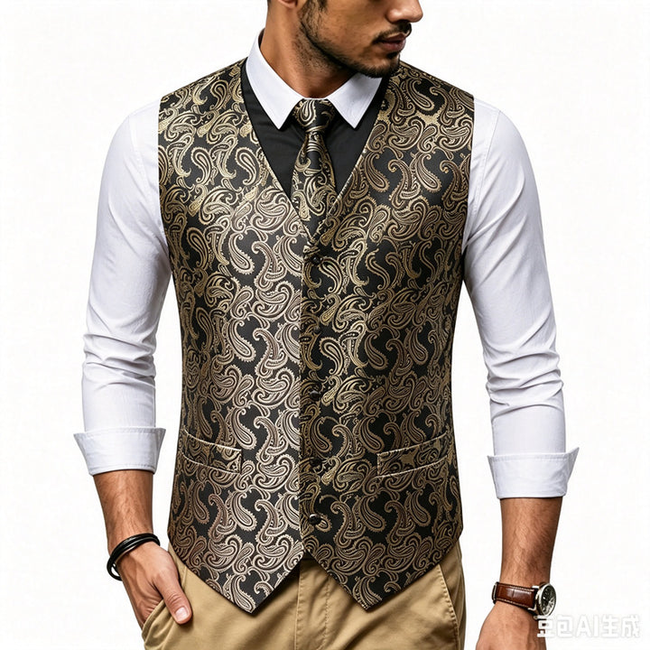 Men's Satin Jacquard Vest with Paisley Pattern and Matching Tie Mune Fashion