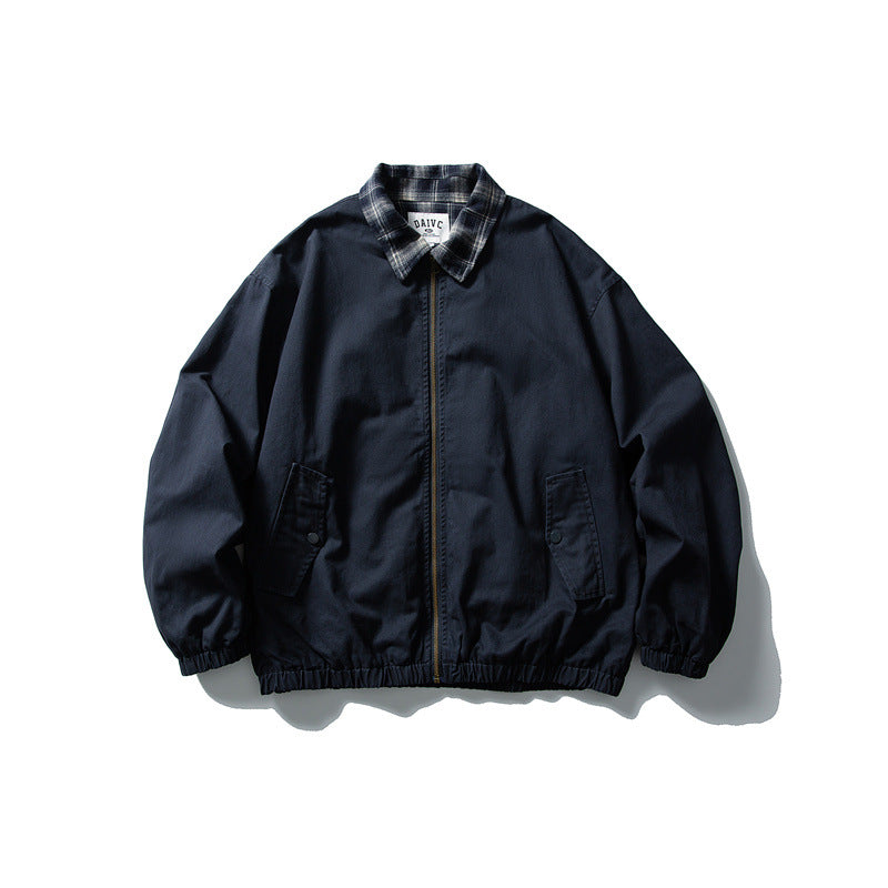 Men's Boxy Canvas Blouson Jacket with Checked Shirt Collar and Elastic Hem