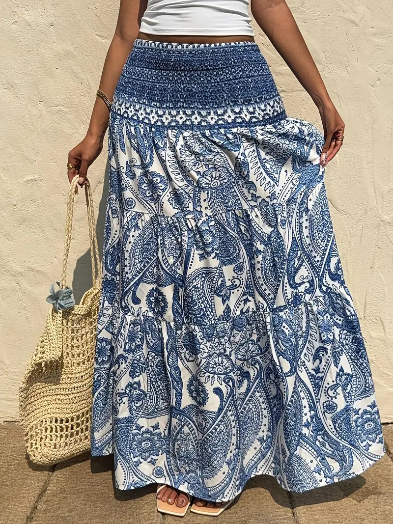 Women’s Maxi Skirt with Smocked Waist and Tiered Ruffle Mune Fashion