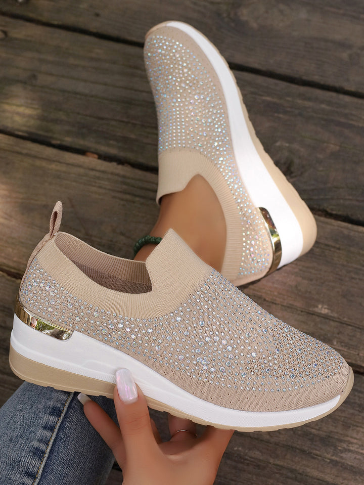 Women's knit slip-on sneakers with sparkling rhinestone trim, elastic entry, and cushioned platform sole Mune Fashion
