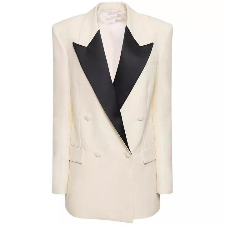 Women Double-Breasted Blazer Coat in Tuxedo Style with Contrasting Shawl Collar Mune Fashion