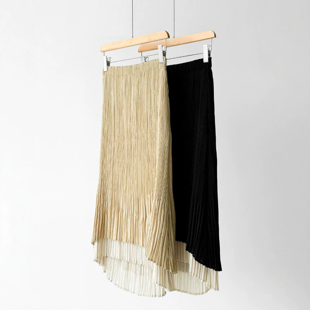 Ladies Elegant Pleated Skirt with Asymmetric Hem Mune Fashion