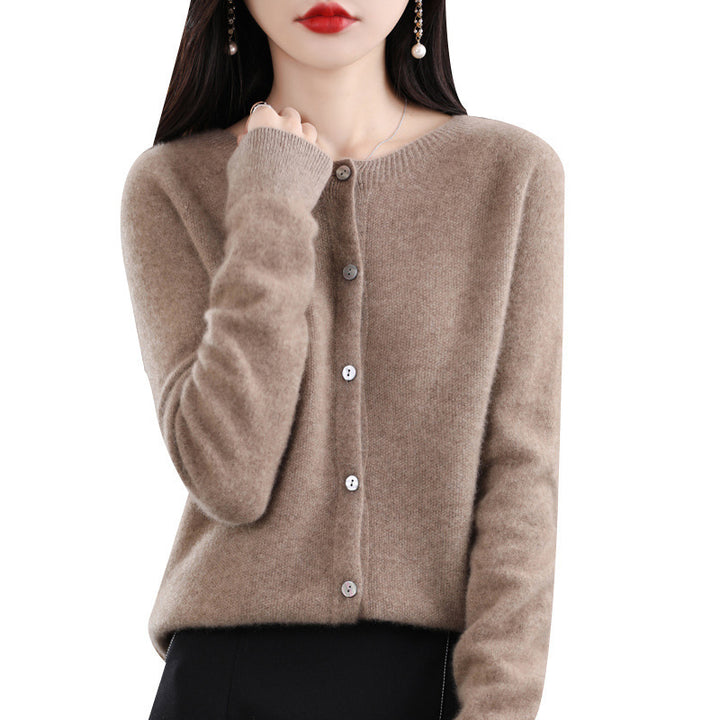Women's Short-Cut Cardigan in Mohair-Look with Round Neckline and Pearl Buttons Mune Fashion