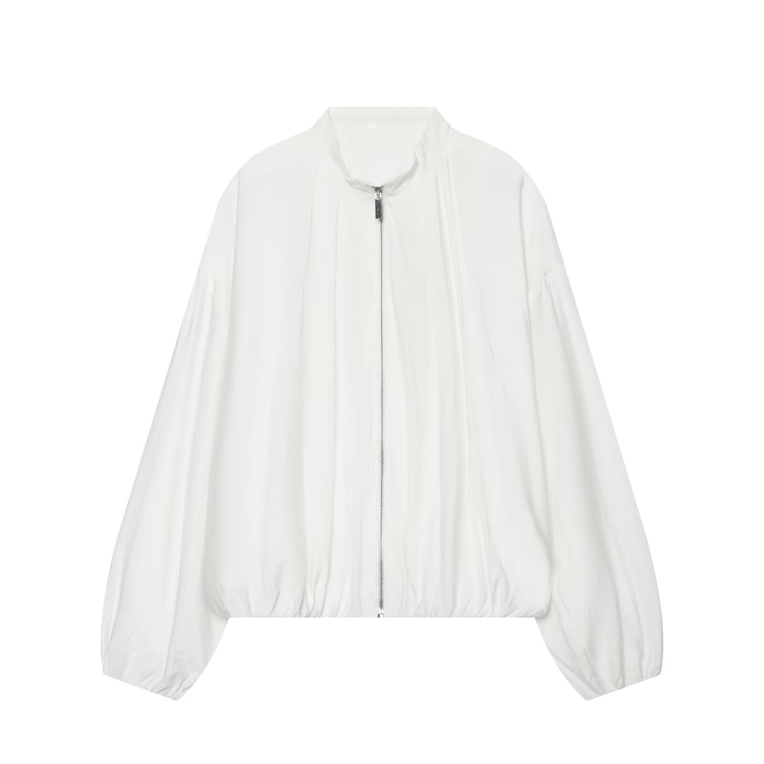 Women Cropped Oversize Bomber Jacket with Stand-Up Collar and Balloon Sleeves Mune Fashion