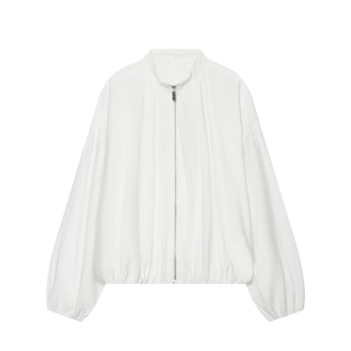 Women Cropped Oversize Bomber Jacket with Stand-Up Collar and Balloon Sleeves Mune Fashion