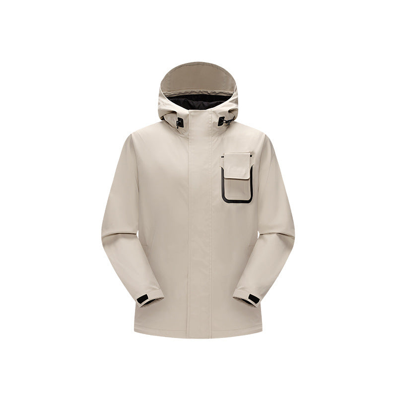 Men's waterproof utility outdoor jacket with concealed front, hood, and functional chest pocket Drune