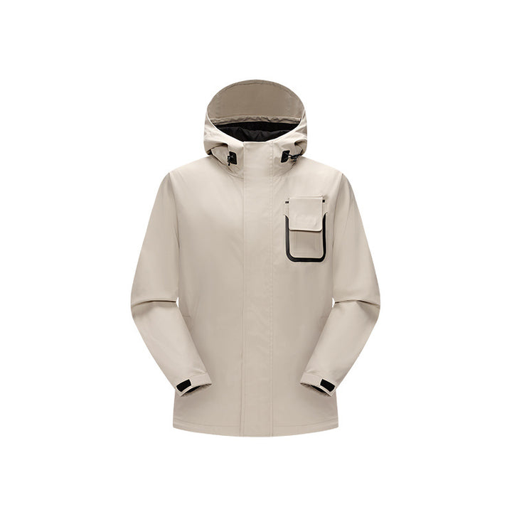 Men's waterproof utility outdoor jacket with concealed front, hood, and functional chest pocket Drune