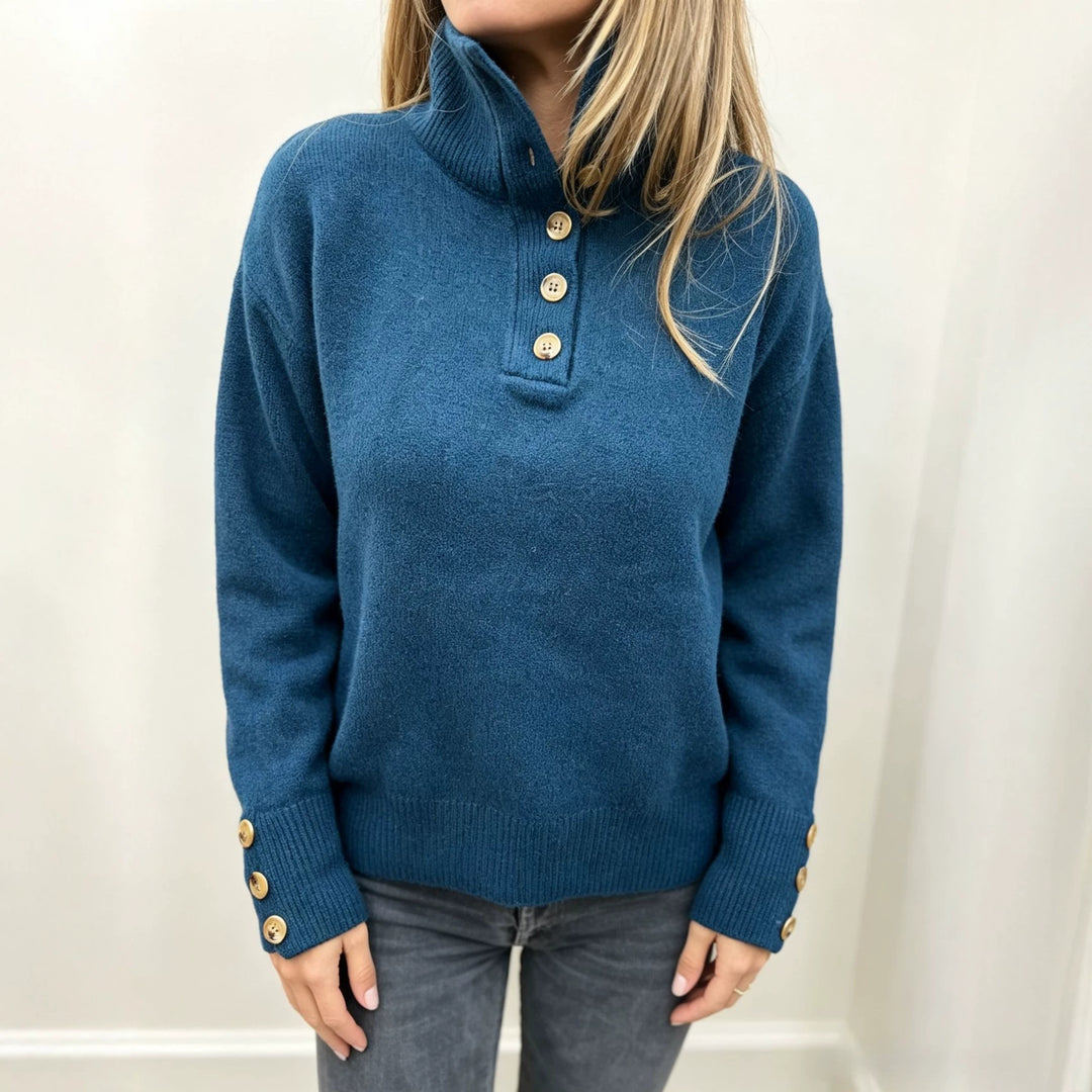 Women's knit sweater with high button collar, decorative front placket and decorative buttons Mune Fashion