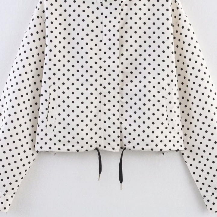 Women's Cropped Quilted Jacket with Polka Dot Print, Stand Collar and Drawstring Mune Fashion