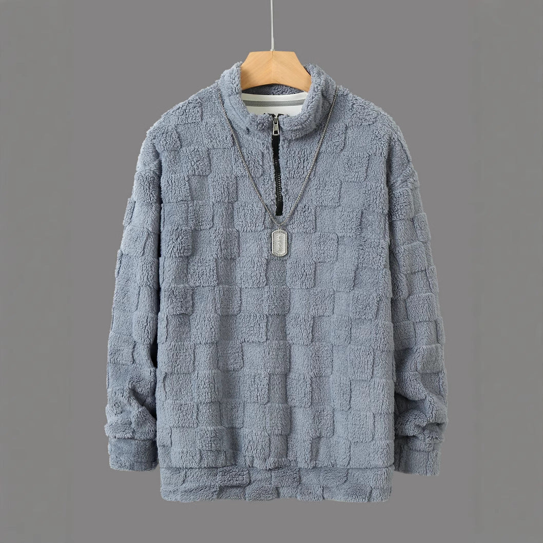 Men's Checked Sherpa Half-Zip Pullover with High Stand Collar and Soft Teddy Fleece Quality Mune Fashion