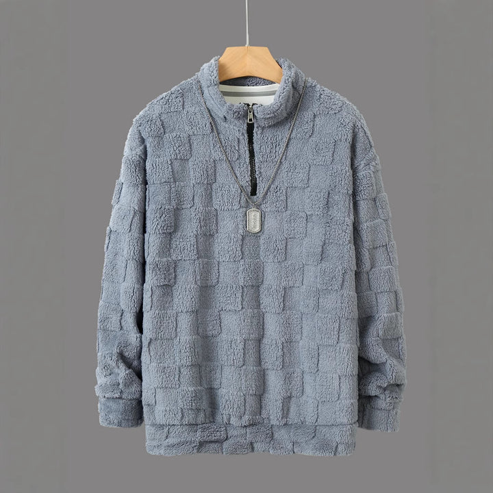Men's Checked Sherpa Half-Zip Pullover with High Stand Collar and Soft Teddy Fleece Quality Mune Fashion