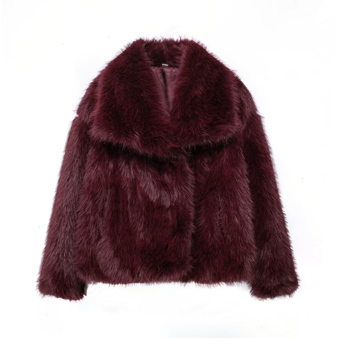 Women Short Faux Fur Jacket with Voluminous Shawl Collar Mune Fashion