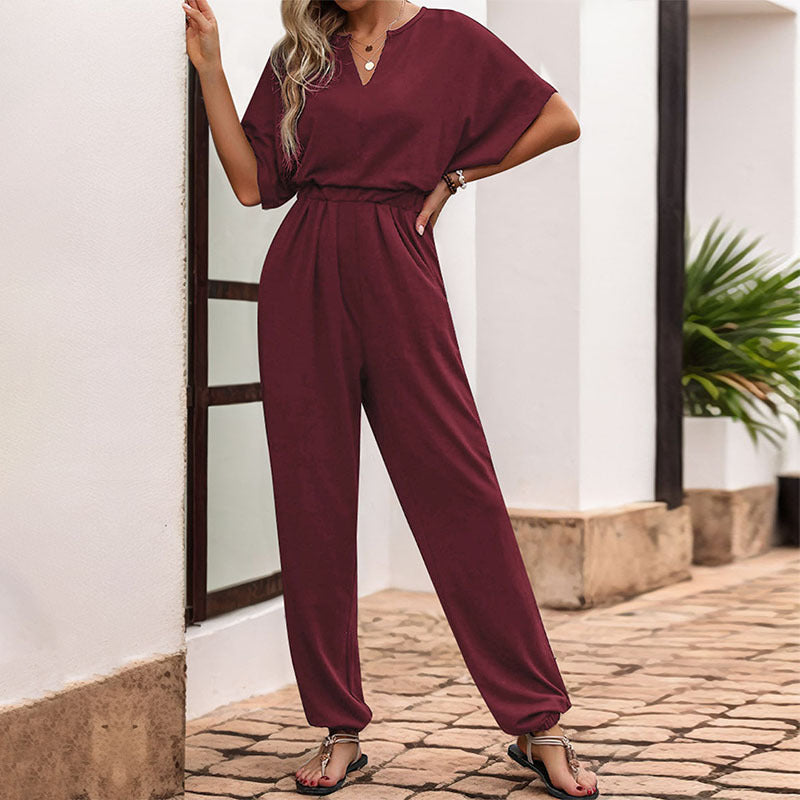 Women's Casual Jumpsuit with Waist Smocking, Short Batwing Sleeves and Elastic Ankle Cuffs Mune Fashion
