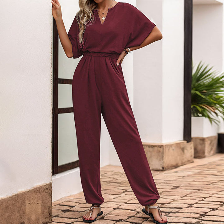 Women's Casual Jumpsuit with Waist Smocking, Short Batwing Sleeves and Elastic Ankle Cuffs Mune Fashion