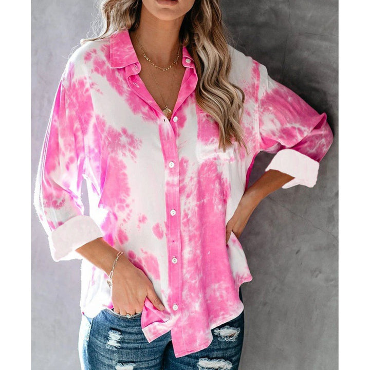 Women's Loose Tie-Dye Button-Up Top with Chest Pocket and Roll-Up Sleeves Mune Fashion
