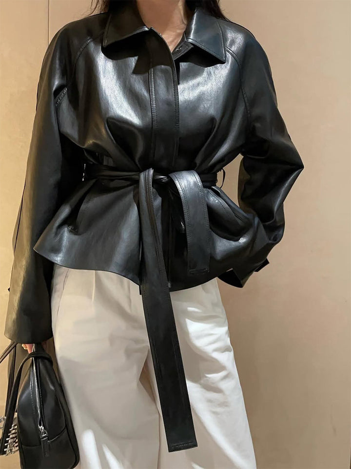 Women's Tailorable Faux Leather Jacket with Wrap Belt and Boxy Silhouette Mune Fashion