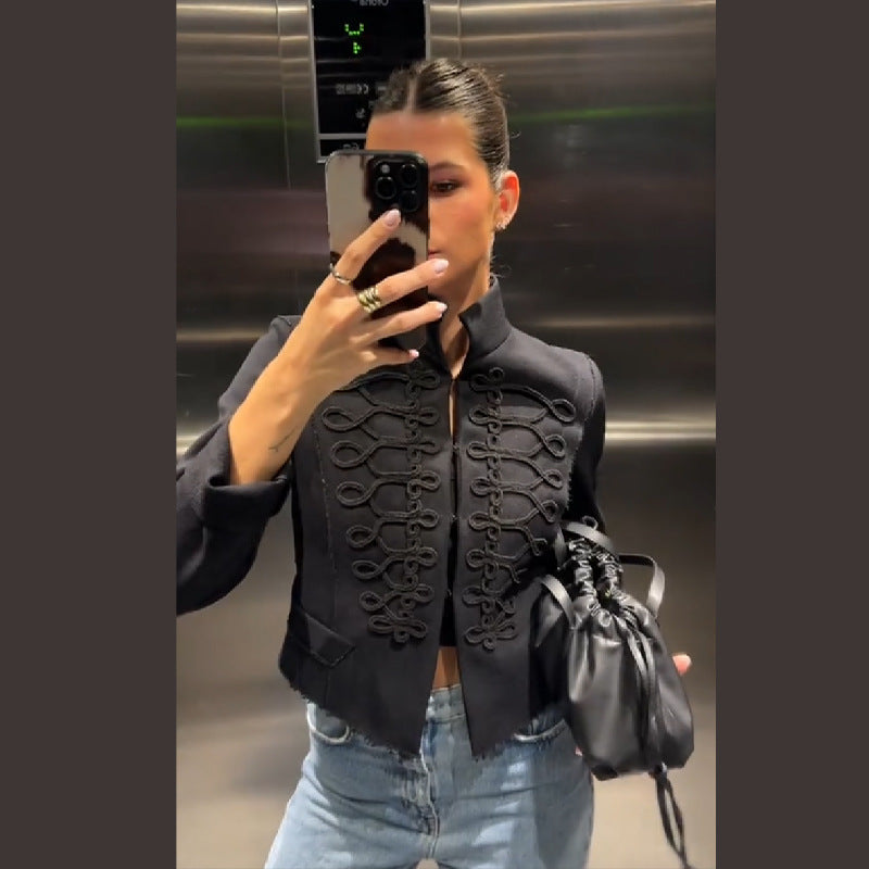 Women's Militarily Inspired Short Jacket with Cord and Hook Decoration Mune Fashion