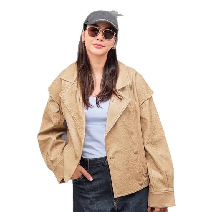 Women Oversize Faux Leather Bomber Jacket with Boxy Cut and Wide Lapel Mune Fashion