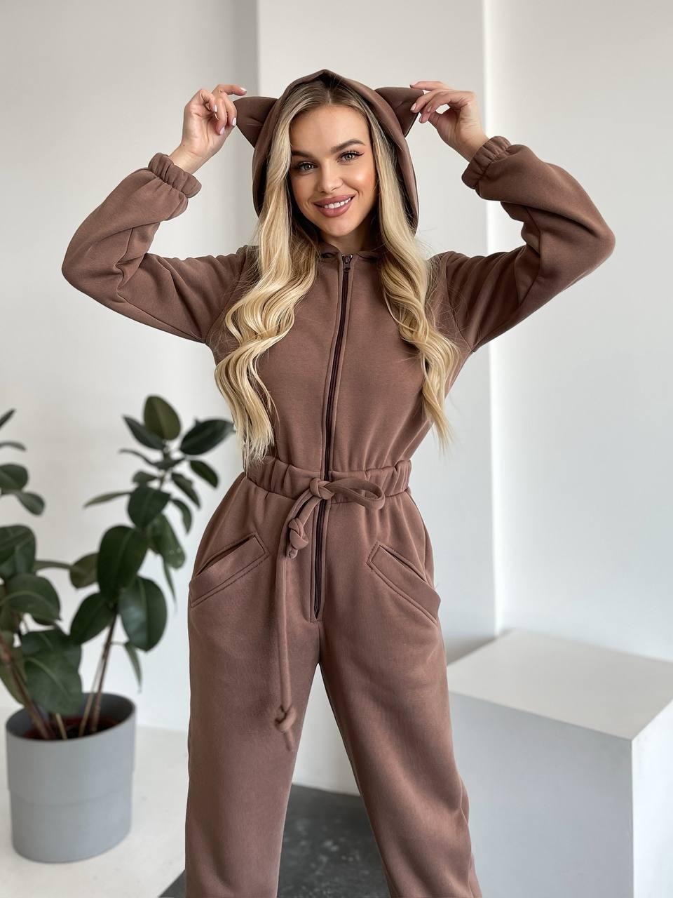 Women Cozy Hooded Overall with Cat Ears and Waist Drawstring Mune Fashion