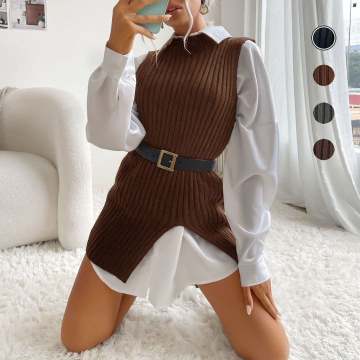 Women's ribbed long vest with side slits, tapered belt and longline cut Mune Fashion