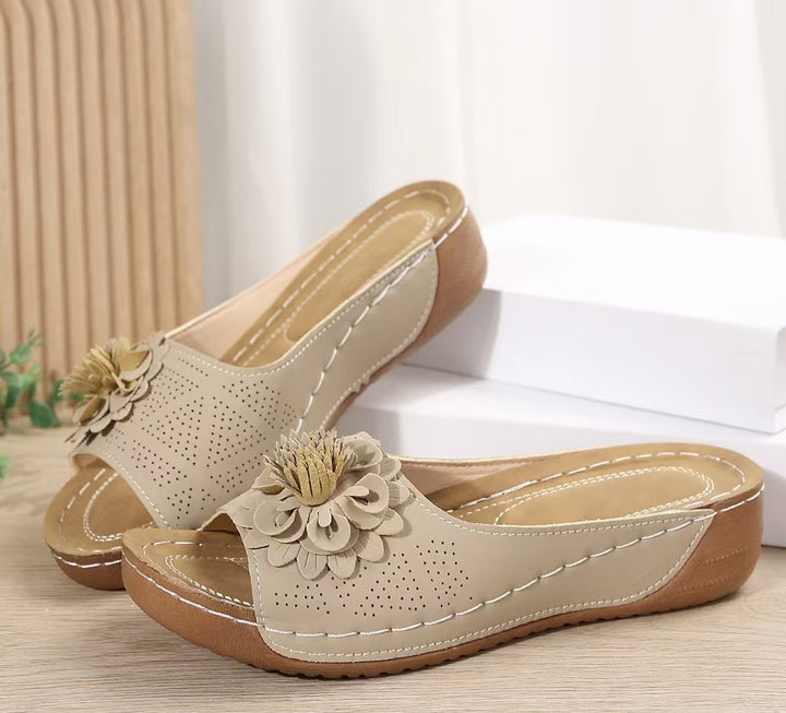 Women's Perforated Wedge Sandals as Slip-On with Flower Application and Padded Footbed Mune Fashion
