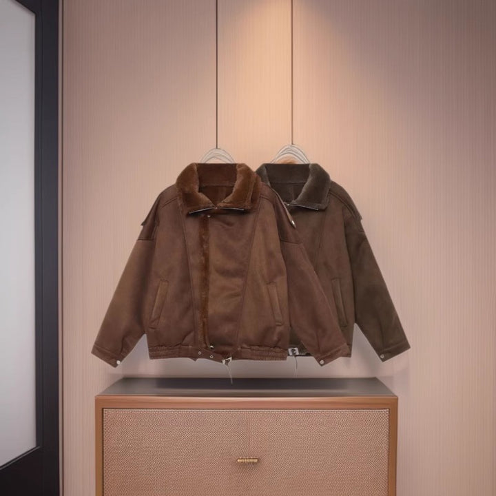 Women's Oversized Aviator Jacket with Teddy Lining, Stand Collar and Waist Belt Mune Fashion
