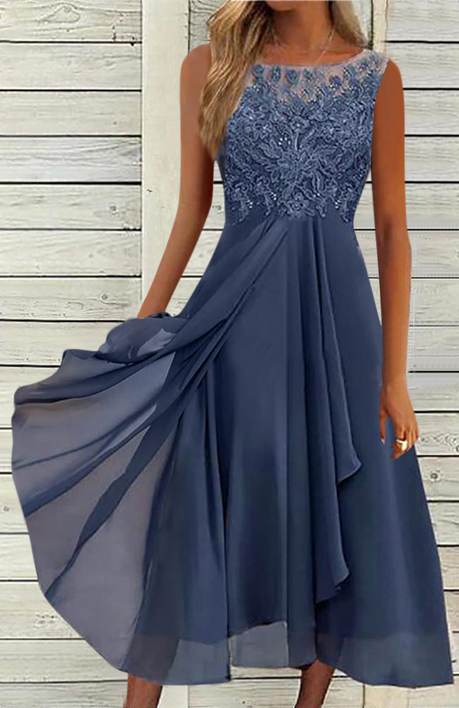 Women's sleeveless chiffon midi dress with embroidered illusion lace, boat neckline, and multilayer flared skirt Mune Fashion