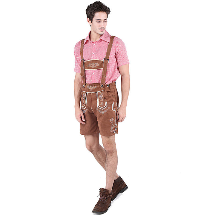 Men's short traditional leather trousers made of suede with embroidered front bib and adjustable straps Mune Fashion