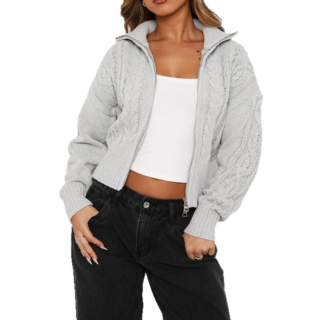 Women's cropped braid knit cardigan with full zipper, stand collar, and balloon sleeves Mune Fashion