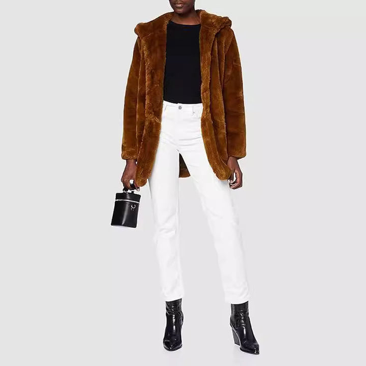 Women's Midi Length Faux Fur Coat with Hood, Teddy Finish and Concealed Button Placket Mune Fashion