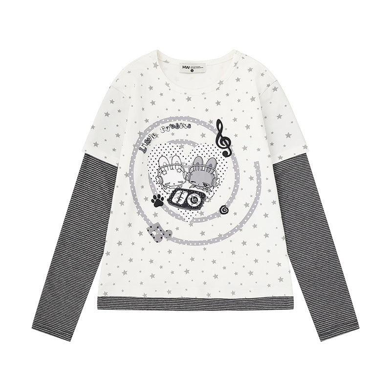 Women's Layered Long Sleeve Shirt with Allover Stars, Striped Insert Sleeves and Comic Bunny Front Print Mune Fashion