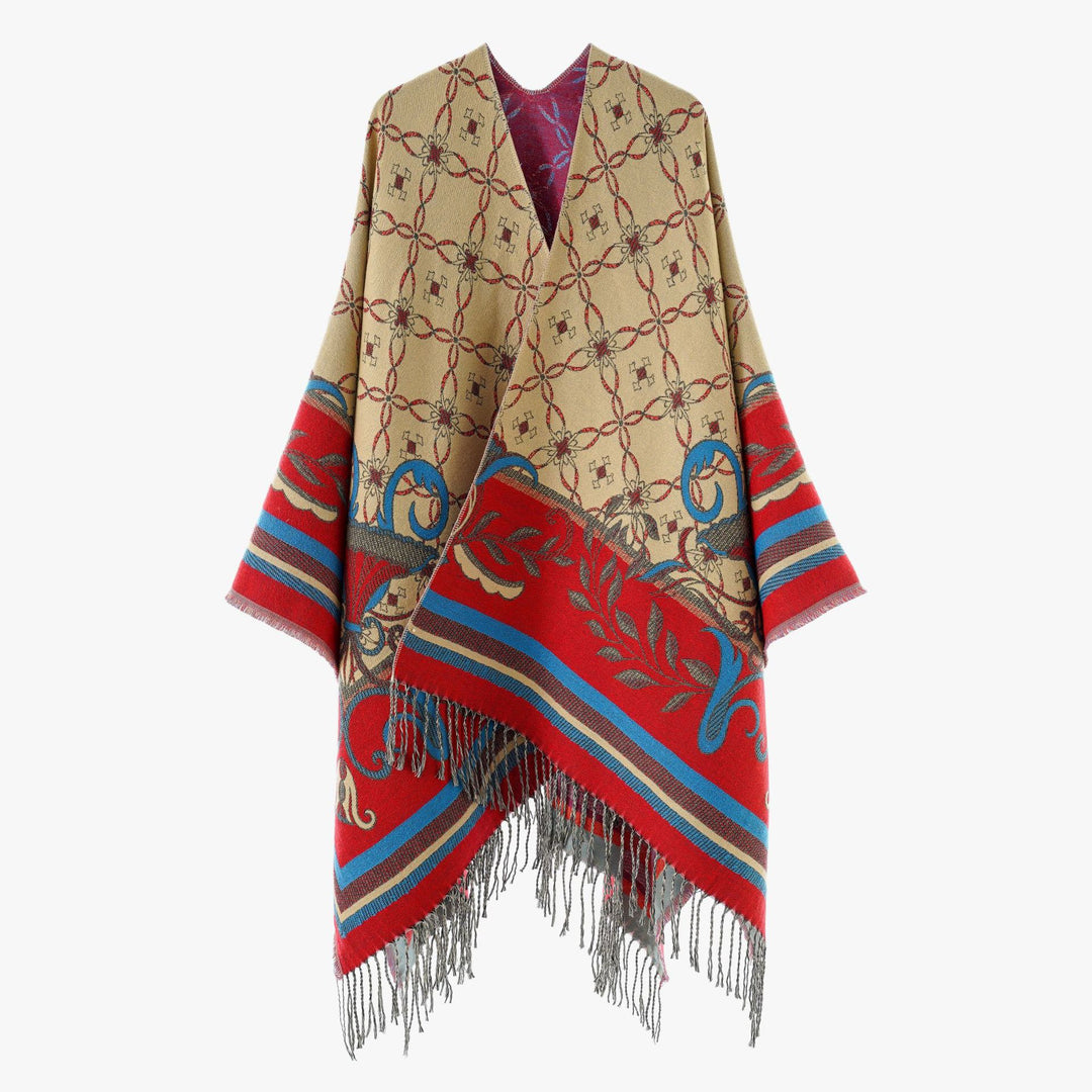 Women's jacquard reversible cape with V-neck, floral border and fringe hem Mune Fashion