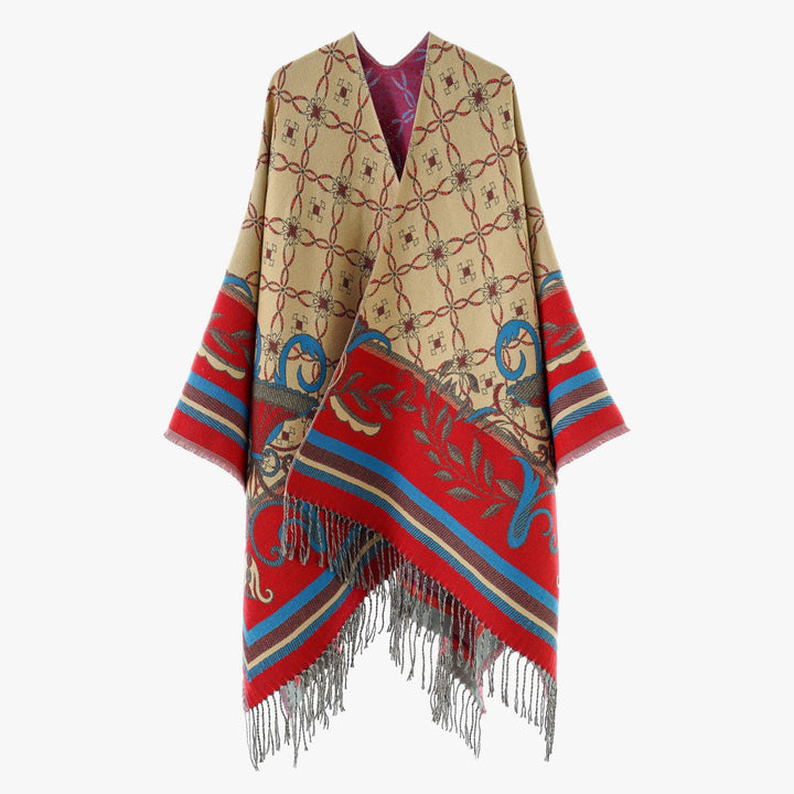 Women's jacquard reversible cape with V-neck, floral border and fringe hem Mune Fashion