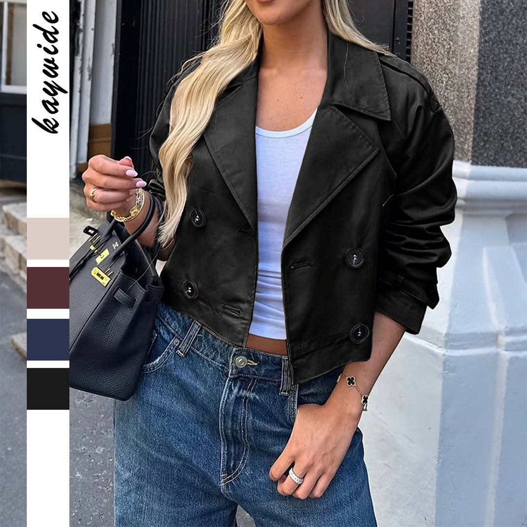 Women's short satin trench coat with double-breasted button placket, patch pockets, and buttoned sleeve cuffs Mune Fashion