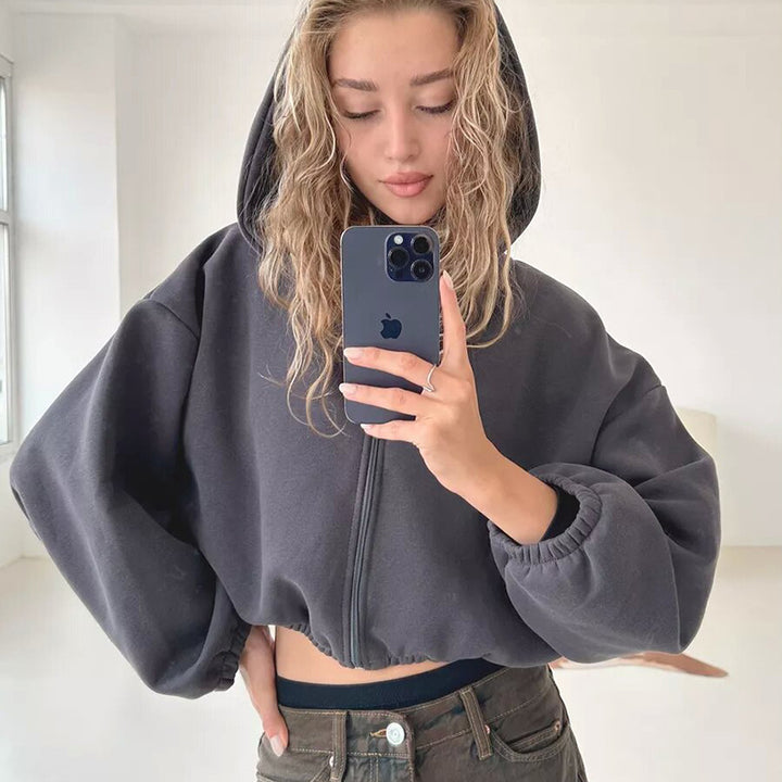 Women's oversized hooded jacket short cut with elastic hem and balloon sleeves Mune Fashion