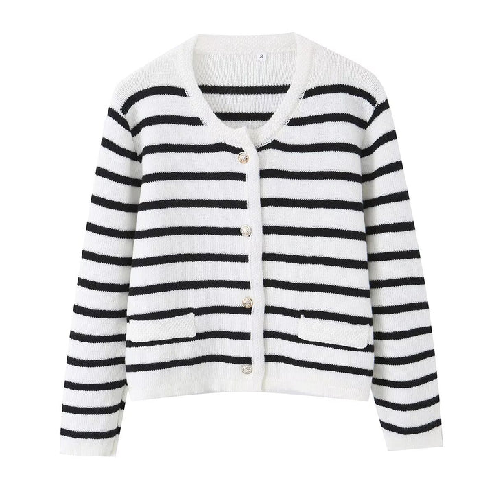 Women's Striped Fine Knit Cardigan with Round Neckline, Patch Pockets and Decorative Buttons Mune Fashion