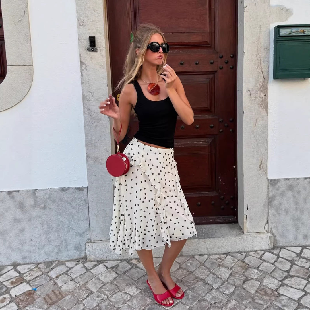 Ladies Polka Dot Chiffon Ruffle Midi Skirt with Wrap Look and Asymmetric Hem Mune Fashion