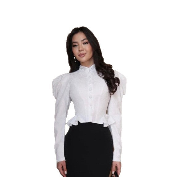 Women's Tailored Jacquard Blouse with Stand Collar, Puff Sleeves and Ruffle Hem Mune Fashion