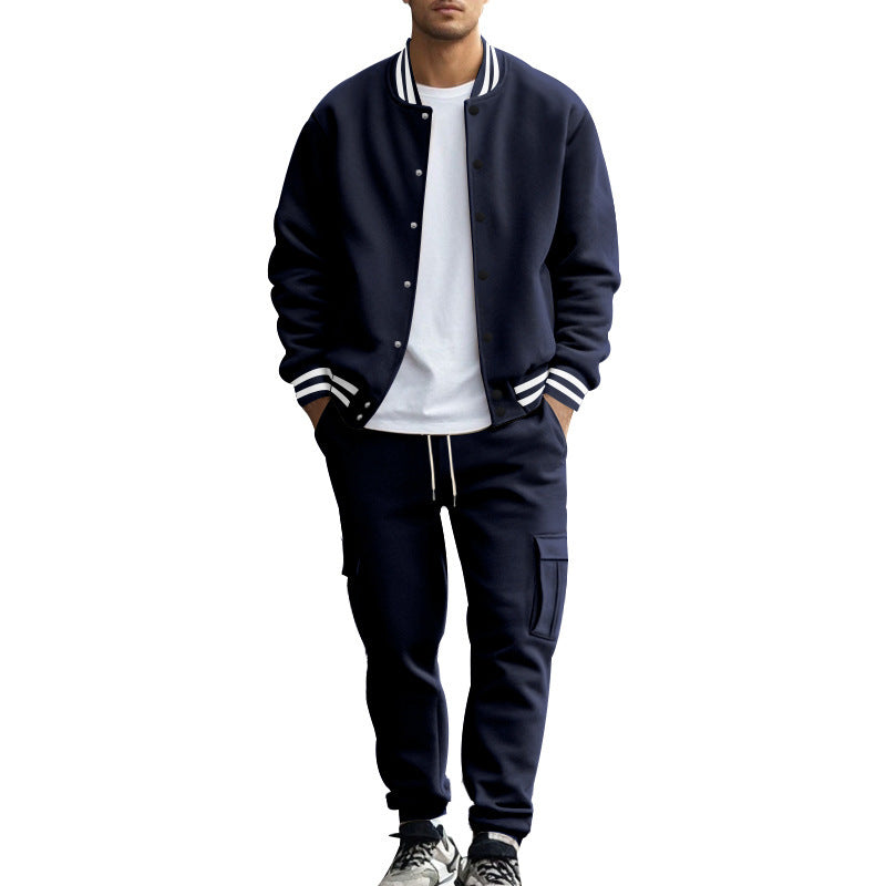 Men's sporty college two-piece made of heavy sweat with ribbed cuffs, snap-button bomber jacket and cargo jogger Mune Fashion