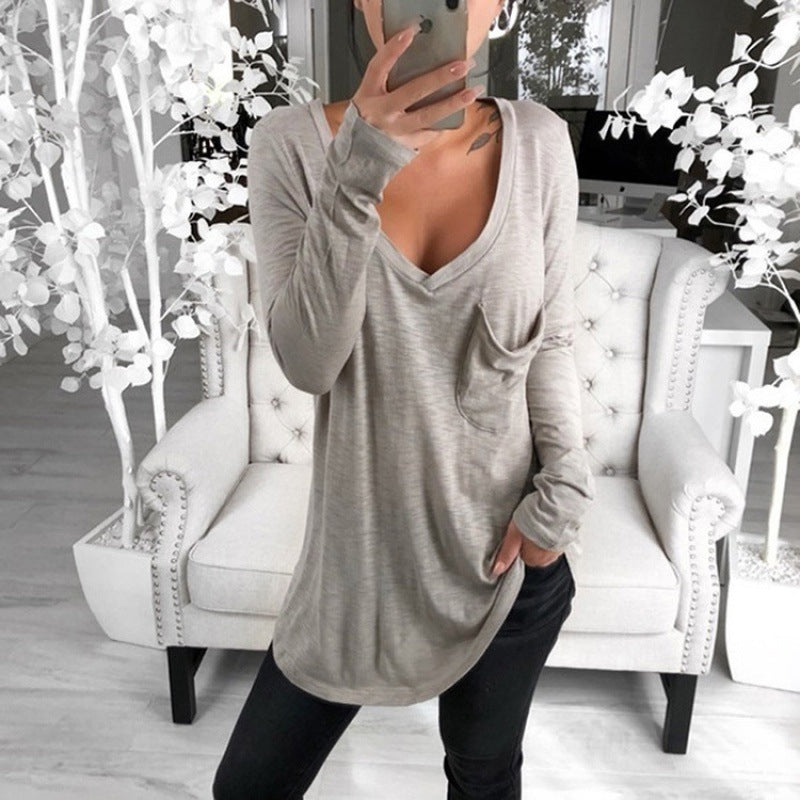 Women's Casual Oversize Tunic with V-Neck, Chest Pocket and Extended Hem Mune Fashion